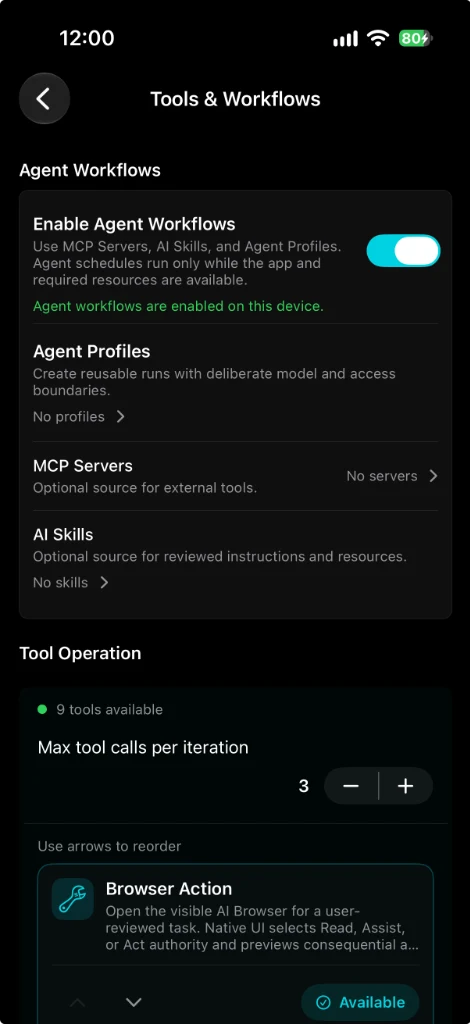 Tools and Workflows settings in On Device AI on iPhone, showing the Enable Agent Workflows switch above Agent Profiles, MCP Servers, and AI Skills