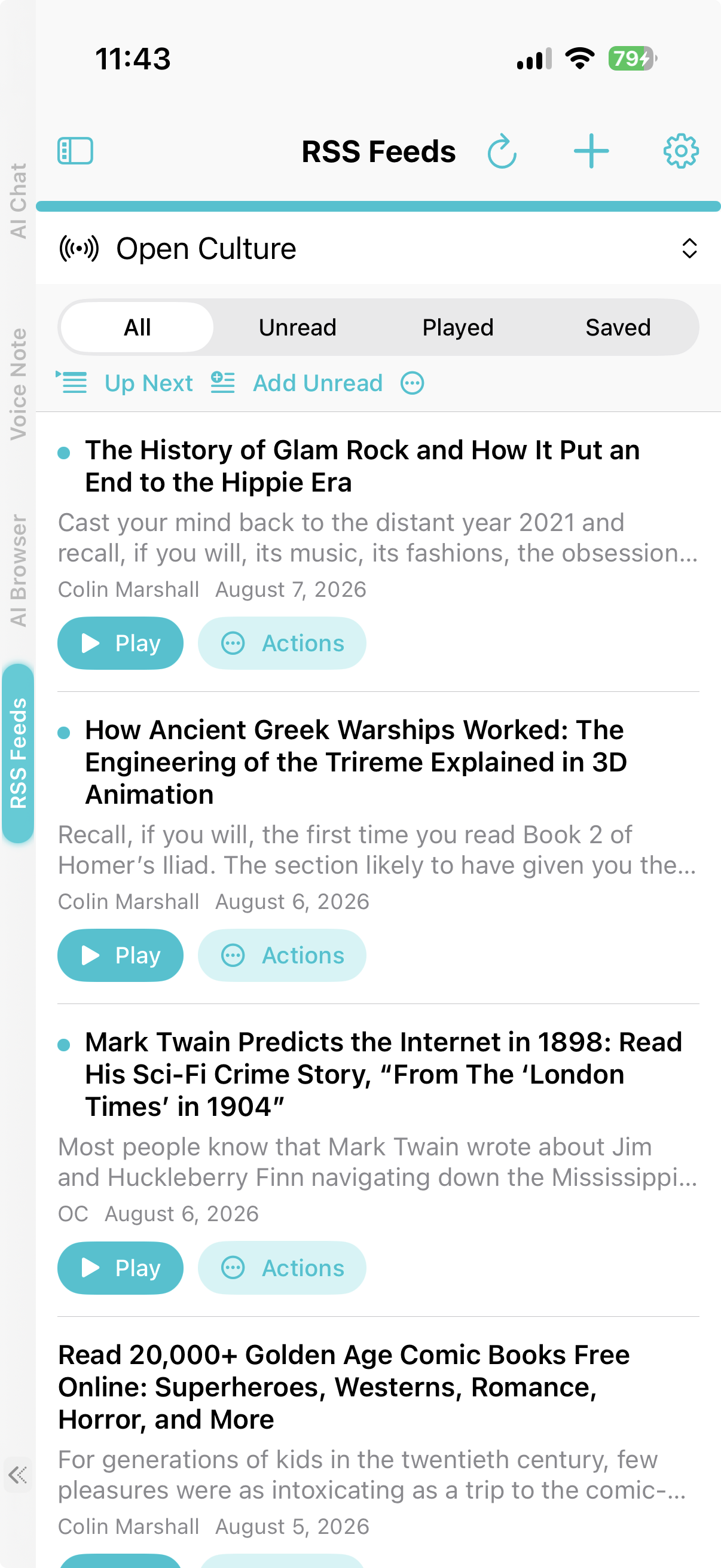 RSS Feeds showing Open Culture articles with All, Unread, Played, and Saved filters on iPhone