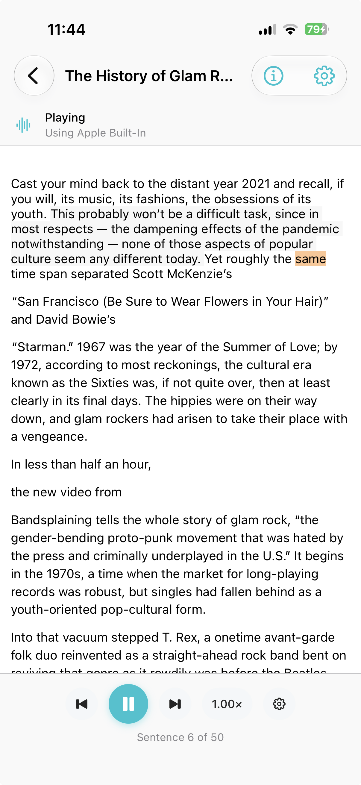 RSS article reader highlighting the active sentence during on-device narration on iPhone
