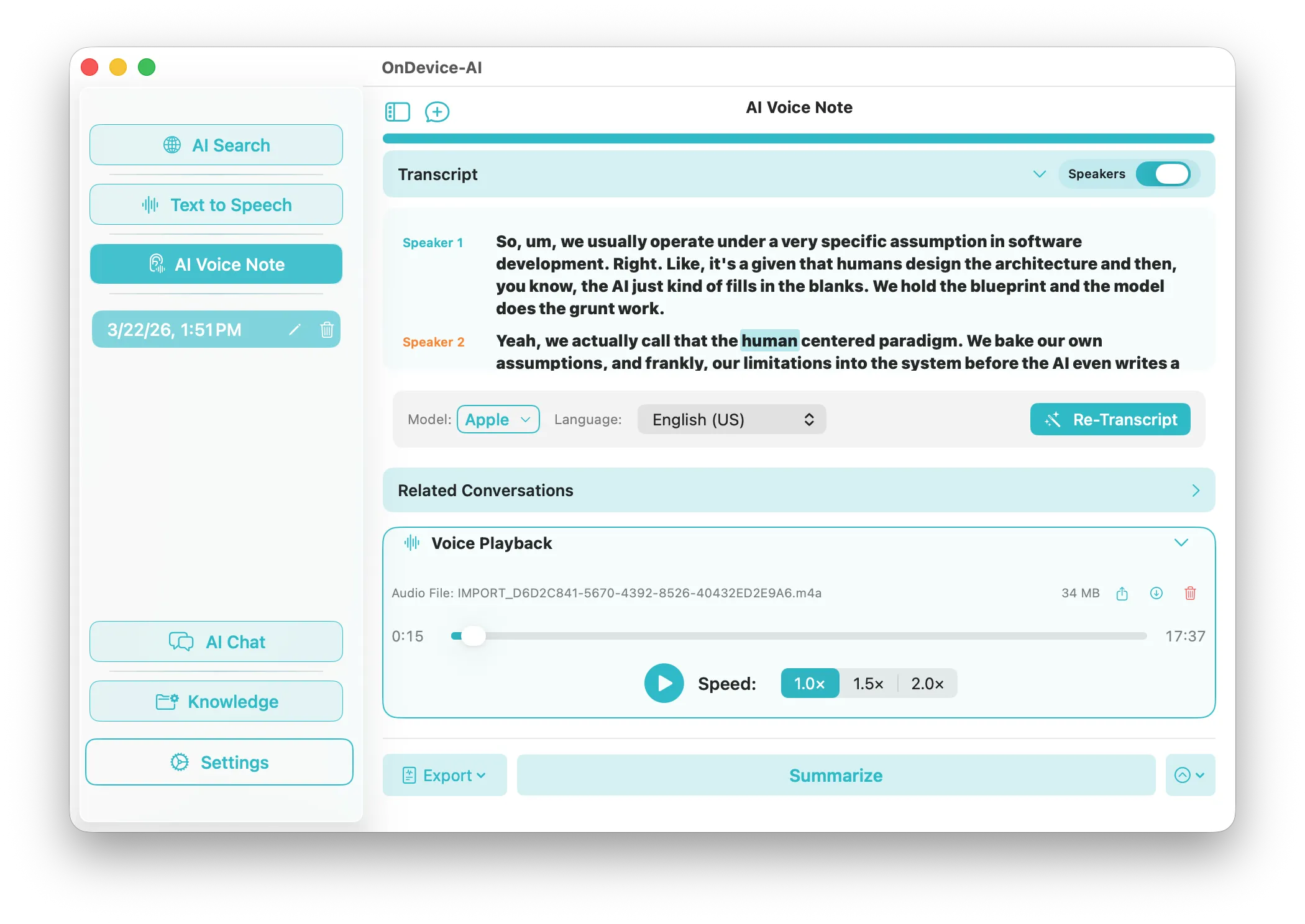 Voice note recording screen on Mac