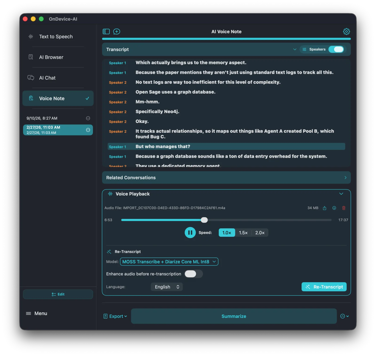 On Device AI Voice Note on Mac showing a speaker-labeled transcript and the MOSS Transcribe + Diarize Core ML Int8 model selected for re-transcription