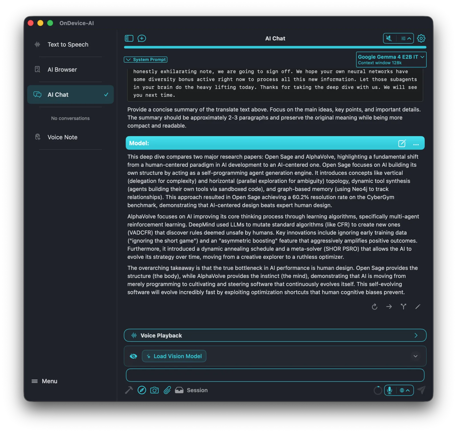 On Device AI chat on Mac answering with a local model, with the model name and context window shown in the header